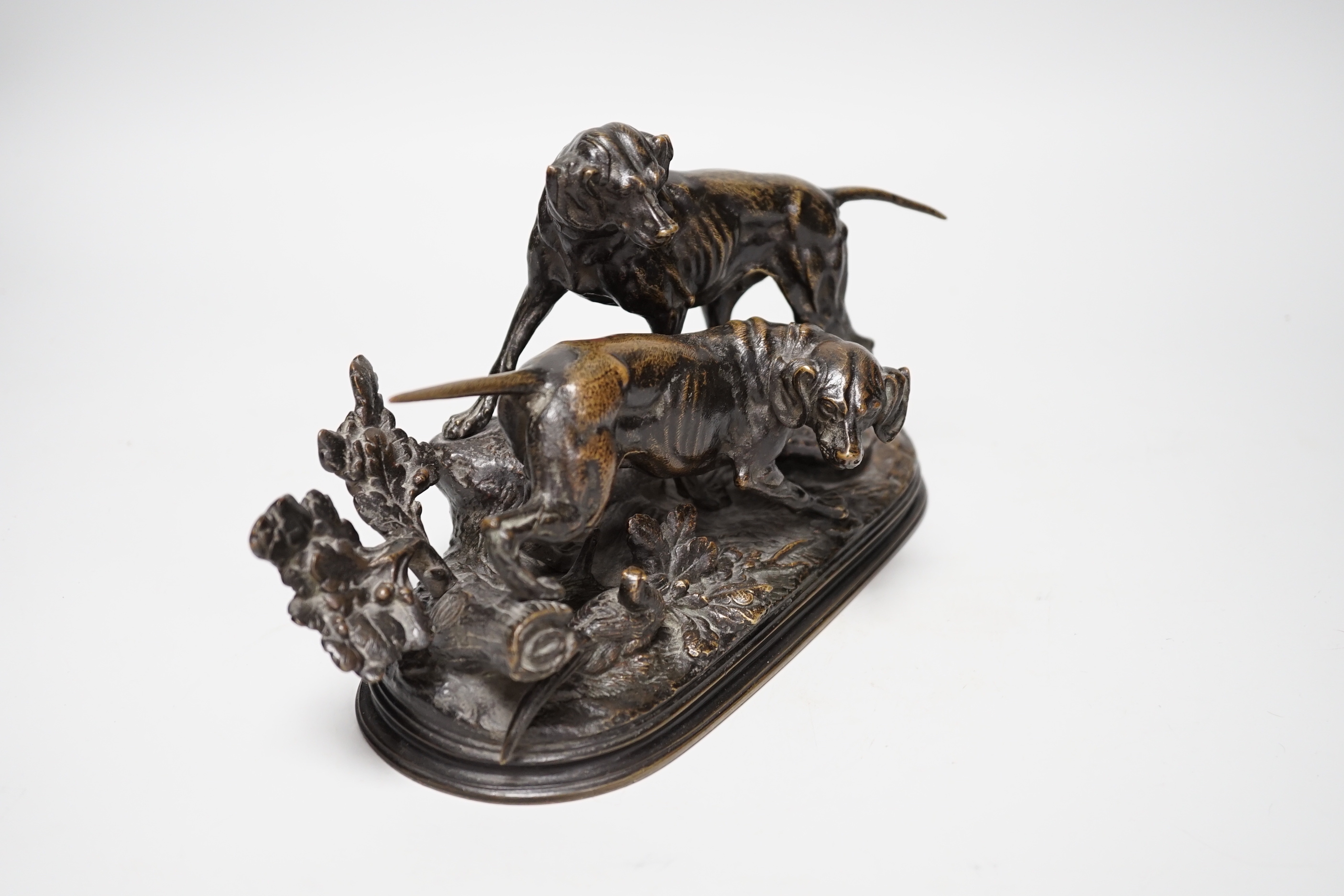 After Paul-Edouard Delabrierre (1829-1912) - a bronze group of two hunting hounds, 25cm long